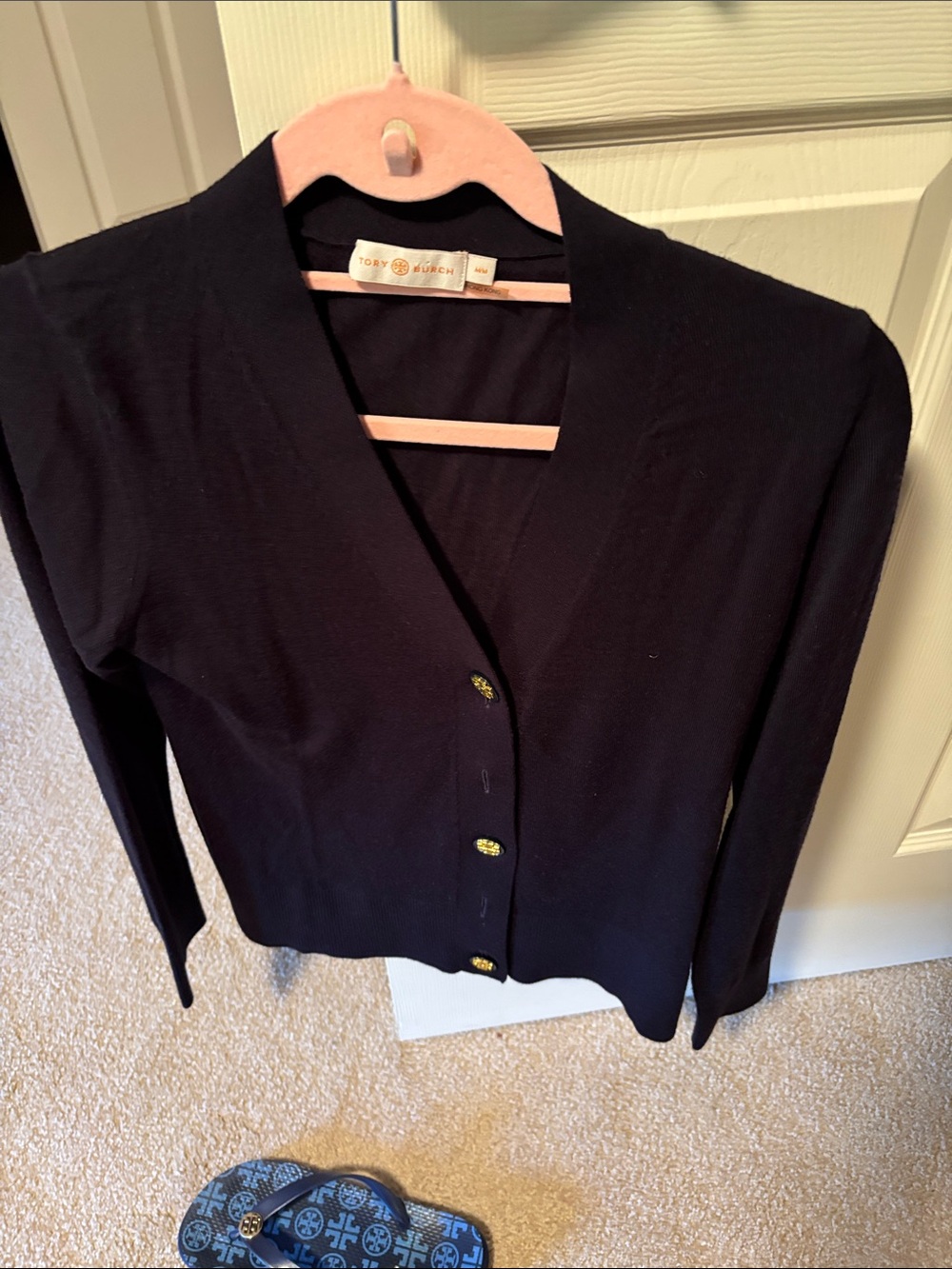 Tory Burch Navy V-Neck Button Cardigan with Gold Buttons
